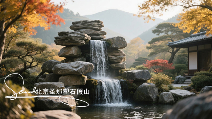 jimeng-2025-06-08-274-瀑布由大小不一的千層石堆疊而成，水流從上層千層石巖石傾瀉至下層，形成優(yōu)美的水簾效果。周?chē)h(huán)境充滿自然氣息，樹(shù)木枝葉呈現(xiàn)出秋天的金黃與橙紅色調(diào) ，陽(yáng)光透過(guò)枝葉....jpeg