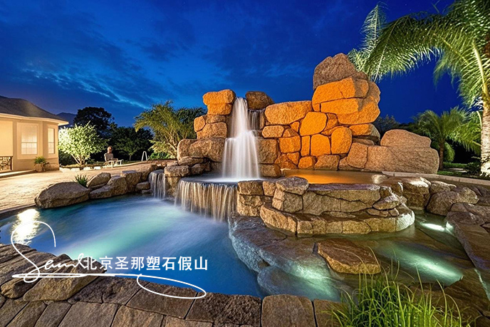 jimeng-2025-06-08-881-這是一處富有特色的水泥塑石景觀場(chǎng)景，是用粗糙的石頭制作，能有明顯的凸凹。水流從上層緩緩流下，落入下層的石池中。背景干凈，沒(méi)有其他建筑，只有噴泉本身，中遠(yuǎn)景。....jpeg