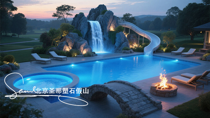 jimeng-2025-06-08-968-這是一處豪華的戶外庭院水景休閑區(qū)。畫面中央是大型泳池，池水在燈光映照下呈藍(lán)色，氛圍夢(mèng)幻。泳池左側(cè)有圓形按摩池，內(nèi)置藍(lán)色燈光。泳池右側(cè)有火坑，火焰在暮色中跳躍....jpeg