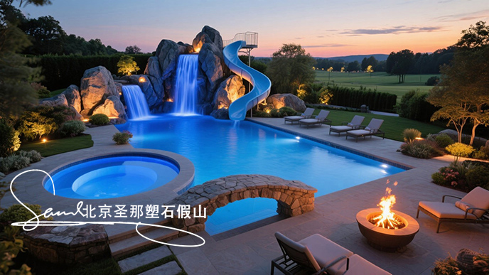 jimeng-2025-06-08-966-這是一處豪華的戶外庭院水景休閑區(qū)。畫(huà)面中央是大型泳池，池水在燈光映照下呈藍(lán)色，氛圍夢(mèng)幻。泳池左側(cè)有圓形按摩池，內(nèi)置藍(lán)色燈光。泳池右側(cè)有火坑，火焰在暮色中跳躍....jpeg