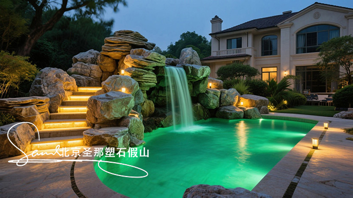 jimeng-2025-06-08-963-這是一座戶外景觀泳池，整體設(shè)計(jì)極具特色。泳池以千層石假山石造型構(gòu)建池壁，塑造出自然山石的形態(tài)，營造出仿佛置身于山間溪流的氛圍 。設(shè)有小型瀑布，水流從高處千層....jpeg
