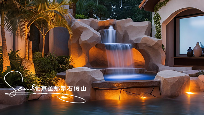 jimeng-2025-06-08-169-這是室內(nèi)一處富有特色的水泥塑石噴泉景觀場景。畫面是一組石制噴泉，由多個(gè)層次的粗糙水泥仿石石制結(jié)構(gòu)堆疊而成，噴泉是用粗糙的石頭制作，能有明顯的凸凹。水流從上層....png