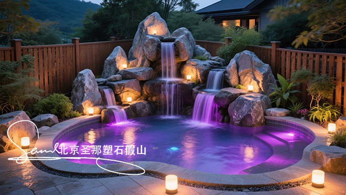 jimeng-2025-06-08-947-這是一座戶外景觀溫泉池。其造型設(shè)計(jì)獨(dú)特，以仿巖石形態(tài)構(gòu)建池壁，營造出自然的山石氛圍 ，搭配幾處小型瀑布，水流潺潺增添靈動(dòng)之感。池內(nèi)有紫色燈光照明，營造出夢(mèng)幻....jpeg