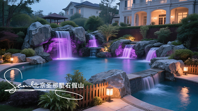 jimeng-2025-06-08-951-這是一座戶外景觀溫泉池。其造型設(shè)計(jì)獨(dú)特，以仿巖石形態(tài)構(gòu)建池壁，營造出自然的山石氛圍 ，搭配幾處小型瀑布，水流潺潺增添靈動(dòng)之感。池內(nèi)有紫色燈光照明，營造出夢(mèng)幻....jpeg