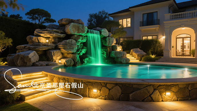 jimeng-2025-06-08-959-這是一座戶外景觀泳池，整體設(shè)計(jì)極具特色。泳池以千層石假山石造型構(gòu)建池壁，塑造出自然山石的形態(tài)，營造出仿佛置身于山間溪流的氛圍 。設(shè)有小型瀑布，水流從高處千層....jpeg
