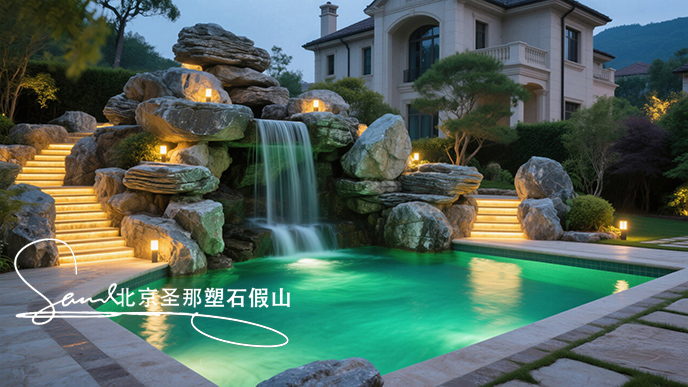 jimeng-2025-06-08-960-這是一座戶外景觀泳池，整體設(shè)計(jì)極具特色。泳池以千層石假山石造型構(gòu)建池壁，塑造出自然山石的形態(tài)，營造出仿佛置身于山間溪流的氛圍 。設(shè)有小型瀑布，水流從高處千層....jpeg