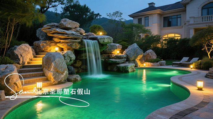 jimeng-2025-06-08-965-這是一座戶外景觀泳池，整體設(shè)計(jì)極具特色。泳池以千層石假山石造型構(gòu)建池壁，塑造出自然山石的形態(tài)，營(yíng)造出仿佛置身于山間溪流的氛圍 。設(shè)有小型瀑布，水流從高處千層....jpeg