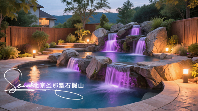 jimeng-2025-06-08-43-這是一座戶外景觀溫泉池。其造型設(shè)計(jì)獨(dú)特，以仿巖石形態(tài)構(gòu)建池壁，營造出自然的山石氛圍 ，搭配幾處小型瀑布，水流潺潺增添靈動(dòng)之感。池內(nèi)有紫色燈光照明，營造出夢(mèng)幻的....jpeg