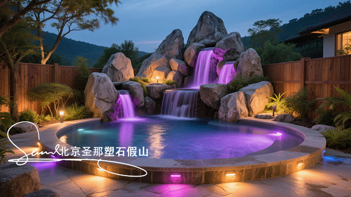 jimeng-2025-06-08-946-這是一座戶外景觀溫泉池。其造型設(shè)計獨(dú)特，以仿巖石形態(tài)構(gòu)建池壁，營造出自然的山石氛圍 ，搭配幾處小型瀑布，水流潺潺增添靈動之感。池內(nèi)有紫色燈光照明，營造出夢幻....jpeg