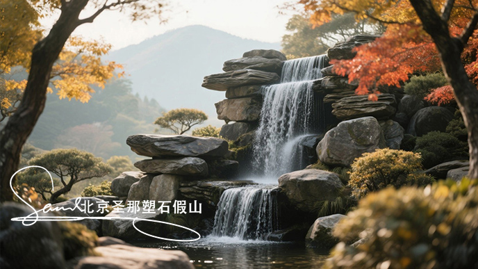 jimeng-2025-06-08-270-瀑布由大小不一的千層石堆疊而成，水流從上層千層石巖石傾瀉至下層，形成優(yōu)美的水簾效果。周圍環(huán)境充滿自然氣息，樹木枝葉呈現(xiàn)出秋天的金黃與橙紅色調 ，陽光透過枝葉....jpeg