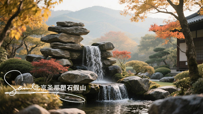 jimeng-2025-06-08-275-瀑布由大小不一的千層石堆疊而成，水流從上層千層石巖石傾瀉至下層，形成優(yōu)美的水簾效果。周圍環(huán)境充滿自然氣息，樹木枝葉呈現(xiàn)出秋天的金黃與橙紅色調 ，陽光透過枝葉....jpeg