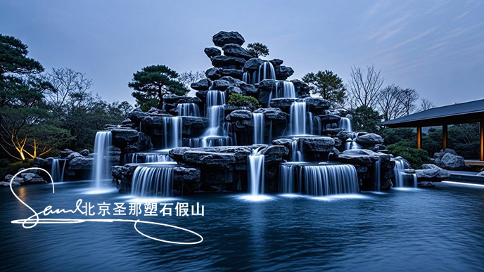 jimeng-2025-06-08-901-這是一處富有特色的天然千層石的假山，石頭是和太湖石一樣有自然橫向紋理，是用真正的天然假山石頭制作，能有明顯的凸凹。水流從上層緩緩流下，落入下層的石池中。背景....jpeg