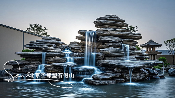 jimeng-2025-06-08-902-這是一處富有特色的天然千層石的假山，石頭是和太湖石一樣有自然橫向紋理，是用真正的天然假山石頭制作，能有明顯的凸凹。水流從上層緩緩流下，落入下層的石池中。背景....jpeg
