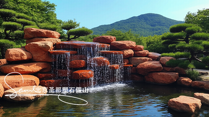 16x9_假山石建在庭院里的由天然紅石堆疊而成_水流從上層紅石巖石傾瀉至下.png