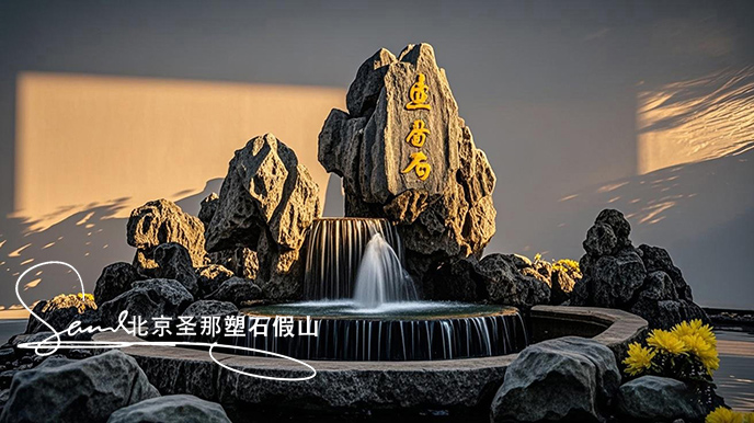 jimeng-2025-06-08-887-這是一處富有特色的天然靈璧石的假山，是用真正的天然靈璧假山石頭制作，能有明顯的凸凹。水流從上層緩緩流下，落入下層的靈璧石池中。背景干凈，沒有其他建筑，只有噴....jpeg