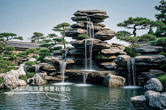 jimeng-2025-06-08-894-這是一處富有特色的天然千層石的假山，石頭是和太湖石一樣有自然橫向紋理，是用真正的天然假山石頭制作，能有明顯的凸凹。水流從上層緩緩流下，落入下層的石池中。背景....jpeg