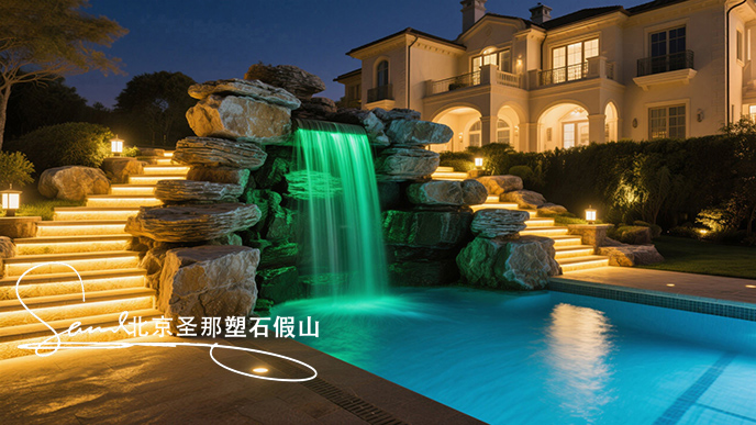 jimeng-2025-06-08-958-這是一座戶外景觀泳池，整體設(shè)計極具特色。泳池以千層石假山石造型構(gòu)建池壁，塑造出自然山石的形態(tài)，營造出仿佛置身于山間溪流的氛圍 。設(shè)有小型瀑布，水流從高處千層....jpeg