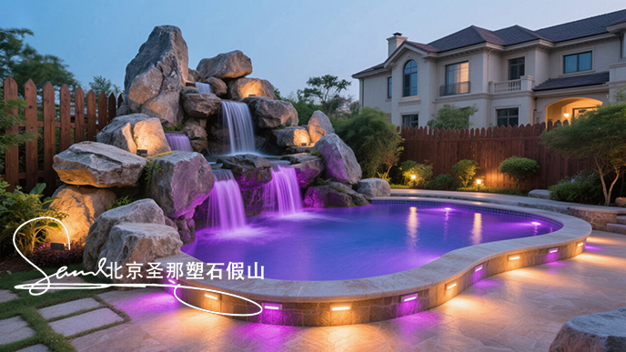 jimeng-2025-06-08-952-這是一座戶外景觀溫泉池。其造型設(shè)計獨(dú)特，以仿巖石形態(tài)構(gòu)建池壁，營造出自然的山石氛圍 ，搭配幾處小型瀑布，水流潺潺增添靈動之感。池內(nèi)有紫色燈光照明，營造出夢幻....jpeg
