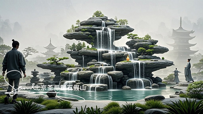 jimeng-2025-06-08-911-這是一處富有特色的天然千層石的假山，石頭是和太湖石一樣有自然橫向紋理，是用真正的天然假山石頭制作，能有明顯的凸凹。水流從上層緩緩流下，落入下層的石池中。背景....jpeg