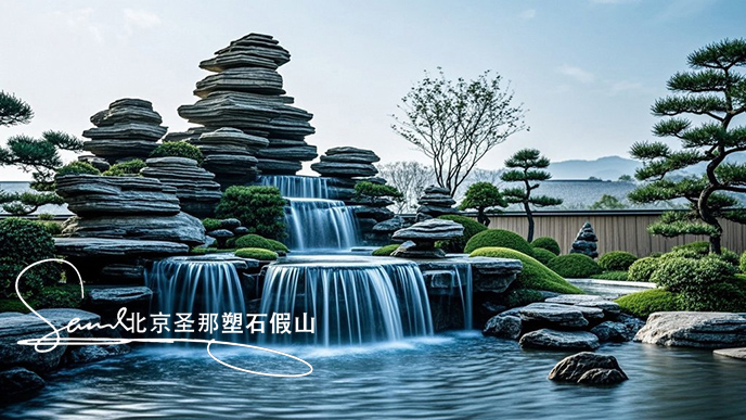 jimeng-2025-06-08-897-這是一處富有特色的天然千層石的假山，石頭是和太湖石一樣有自然橫向紋理，是用真正的天然假山石頭制作，能有明顯的凸凹。水流從上層緩緩流下，落入下層的石池中。背景....jpeg