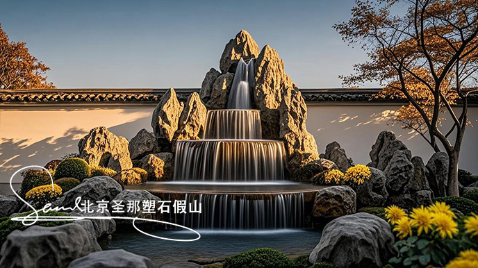 jimeng-2025-06-08-888-這是一處富有特色的天然靈璧石的假山，是用真正的天然靈璧假山石頭制作，能有明顯的凸凹。水流從上層緩緩流下，落入下層的靈璧石池中。背景干凈，沒(méi)有其他建筑，只有噴....jpeg