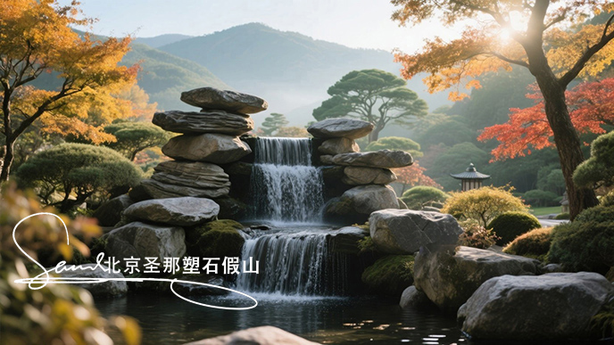jimeng-2025-06-08-277-瀑布由大小不一的千層石堆疊而成，水流從上層千層石巖石傾瀉至下層，形成優(yōu)美的水簾效果。周圍環(huán)境充滿自然氣息，樹(shù)木枝葉呈現(xiàn)出秋天的金黃與橙紅色調(diào) ，陽(yáng)光透過(guò)枝葉....jpeg