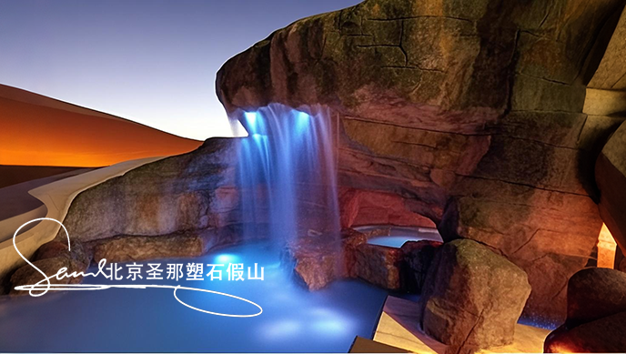 jimeng-2025-06-08-171-這是一處富有特色的水泥塑石噴泉景觀場(chǎng)景。畫(huà)面是一組石制噴泉，由多個(gè)層次的粗糙水泥仿石石制結(jié)構(gòu)堆疊而成，噴泉是用粗糙的石頭制作，能有明顯的凸凹。水流從上層緩緩....png