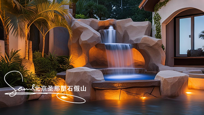 jimeng-2025-06-08-170-這是室內(nèi)一處富有特色的水泥塑石噴泉景觀場(chǎng)景。畫(huà)面是一組石制噴泉，由多個(gè)層次的粗糙水泥仿石石制結(jié)構(gòu)堆疊而成，噴泉是用粗糙的石頭制作，能有明顯的凸凹。水流從上層....png
