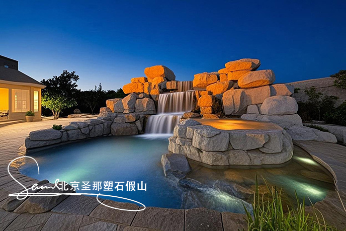 jimeng-2025-06-08-173-這是一處富有特色的水泥塑石景觀場(chǎng)景，是用粗糙的石頭制作，能有明顯的凸凹。水流從上層緩緩流下，落入下層的石池中。背景干凈，沒(méi)有其他建筑，只有噴泉本身，中遠(yuǎn)景。....jpeg