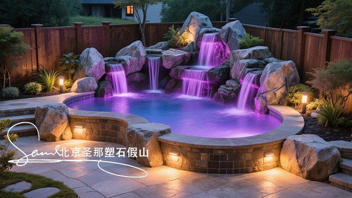 jimeng-2025-06-08-42-這是一座戶外景觀溫泉池。其造型設(shè)計(jì)獨(dú)特，以仿巖石形態(tài)構(gòu)建池壁，營(yíng)造出自然的山石氛圍 ，搭配幾處小型瀑布，水流潺潺增添靈動(dòng)之感。池內(nèi)有紫色燈光照明，營(yíng)造出夢(mèng)幻的....jpeg