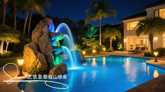 jimeng-2025-06-20-1711-這是一處夜間的庭院水景景觀。畫面中心是一座以大塊仿真巖石打造的噴泉，巖石表面紋理....jpeg