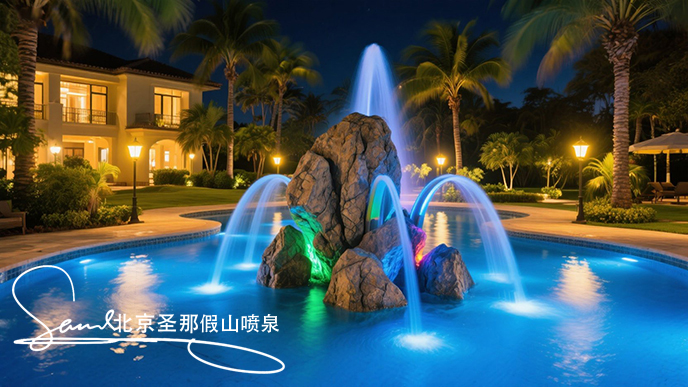jimeng-2025-06-20-4244-這是一處夜間的公園水景景觀。畫面中心是一座以大塊仿真巖石打造的噴泉，巖石表面紋理....jpeg