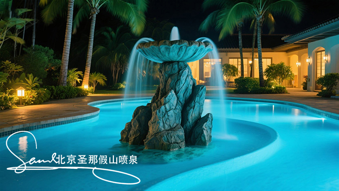 jimeng-2025-06-20-4246-這是一處夜間的庭院水景景觀。畫面中心是一座以大塊仿真巖石打造的噴泉，巖石表面紋理....jpeg