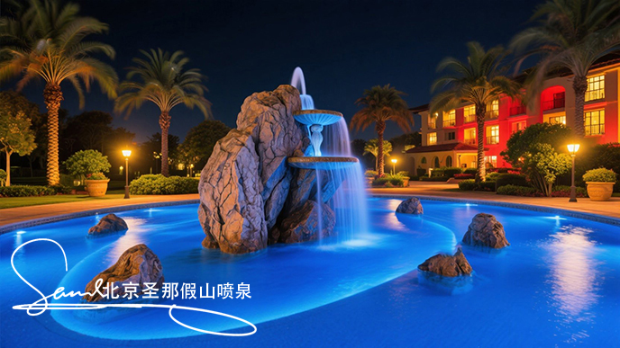 jimeng-2025-06-20-8439-這是一處夜間的公園廣場水景景觀。畫面中心是一座以大塊仿真巖石打造的噴泉，巖石表面....jpeg