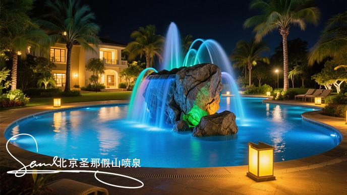 jimeng-2025-06-20-5337-這是一處夜間的公園水景景觀。畫面中心是一座以大塊仿真巖石打造的噴泉，巖石表面紋理....jpeg