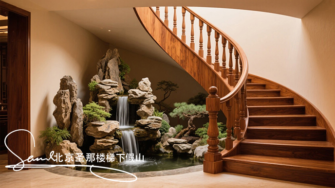 jimeng-2025-06-20-6715-圖中展示了一處室內(nèi)樓梯下假山空間。墻邊一座木質(zhì)旋轉(zhuǎn)樓梯 ，其扶手、欄桿及臺(tái)階均為....jpeg