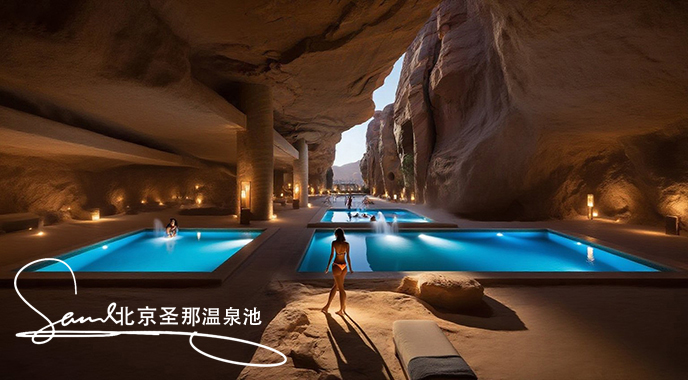 jimeng-2025-06-21-1164-酒店內(nèi)一個(gè)極具特色的洞穴泳池景觀。洞穴由巖石構(gòu)成，內(nèi)部是澄澈的3個(gè)藍(lán)色相互連接小....jpeg