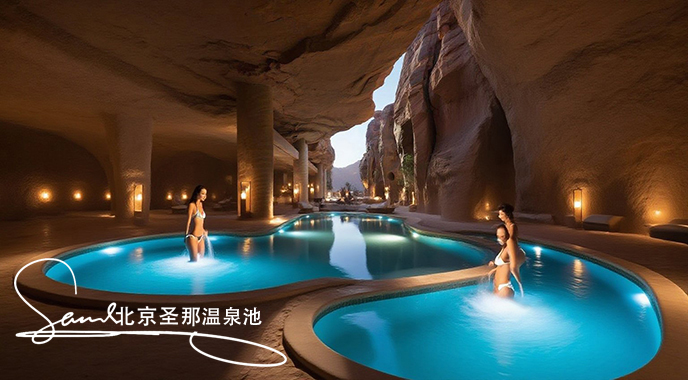 jimeng-2025-06-21-8413-酒店內(nèi)一個極具特色的洞穴泳池景觀。洞穴由巖石構(gòu)成，內(nèi)部是澄澈的3個藍(lán)色相互連接小....jpeg