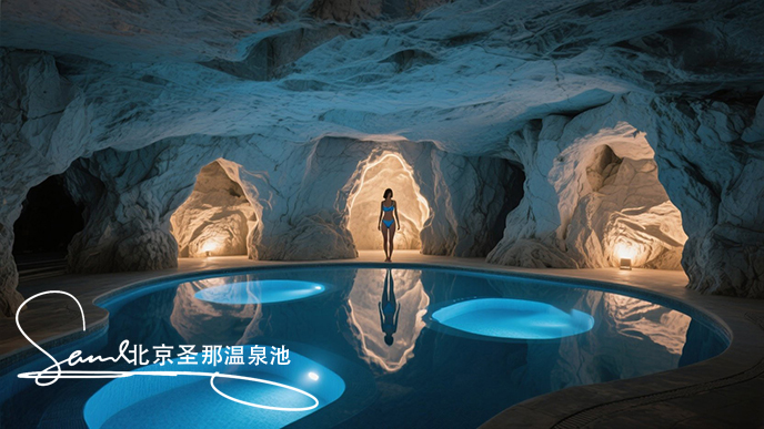 jimeng-2025-06-21-7768-酒店內(nèi)一個極具特色的洞穴泳池景觀。洞穴由巖石構(gòu)成，內(nèi)部是澄澈的3個藍(lán)色小泳池 ，....jpeg