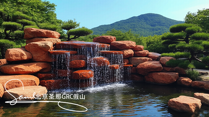 16x9_假山石建在庭院里的由天然紅石堆疊而成_水流從上層紅石巖石傾瀉至下.png